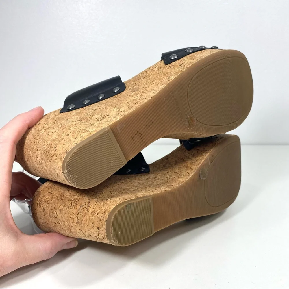 Lucky Brand Missy Black Leather Strappy Studded Cork Platform Wedge Sandals 10
